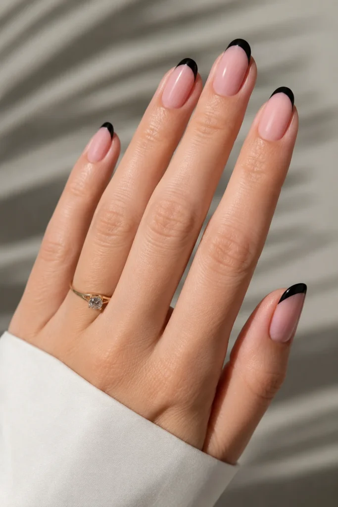 Classic pink and black French tip manicure design