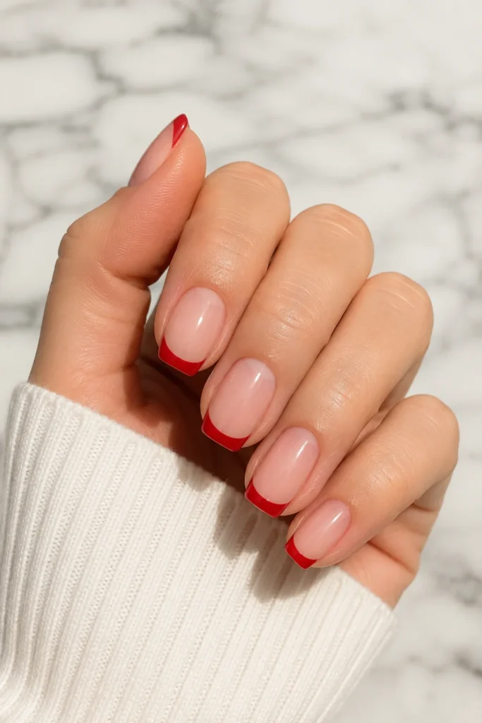 Simple nude nails with classic red French tip design