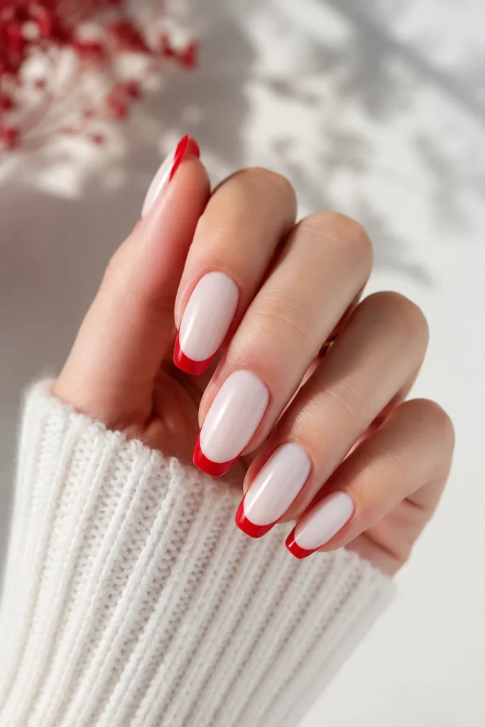 Bold red French tips on timeless white base nails