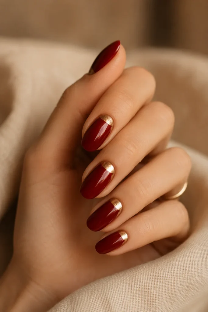 Classic red nails with gold half-moon manicure.