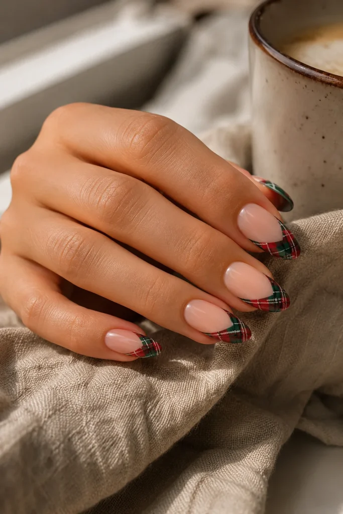 Classic tartan French tip nails with nude base and red green plaid tips
