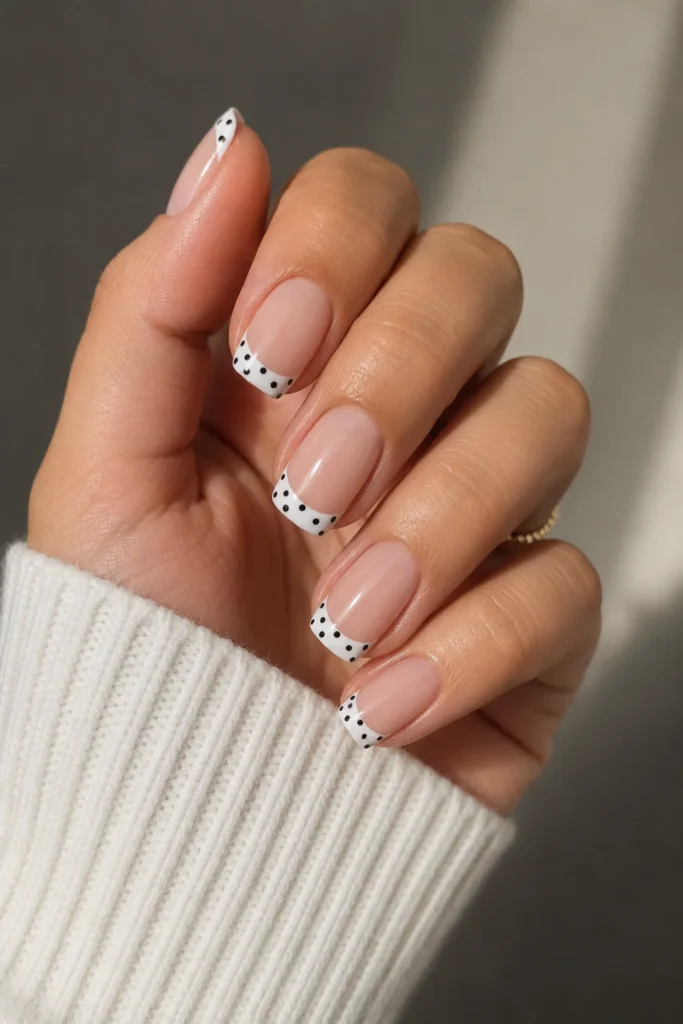 Classic white French tips with black polka dots
