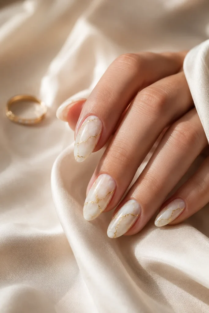 Classic white and gold marble nail design on almond nails