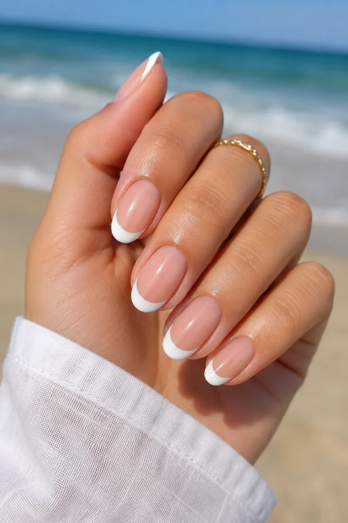 Classic white summer french tip nails on nude base