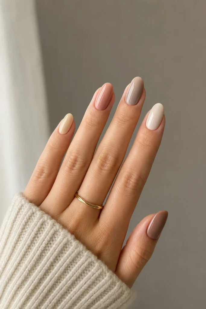 Different soft neutral shades on each nail design