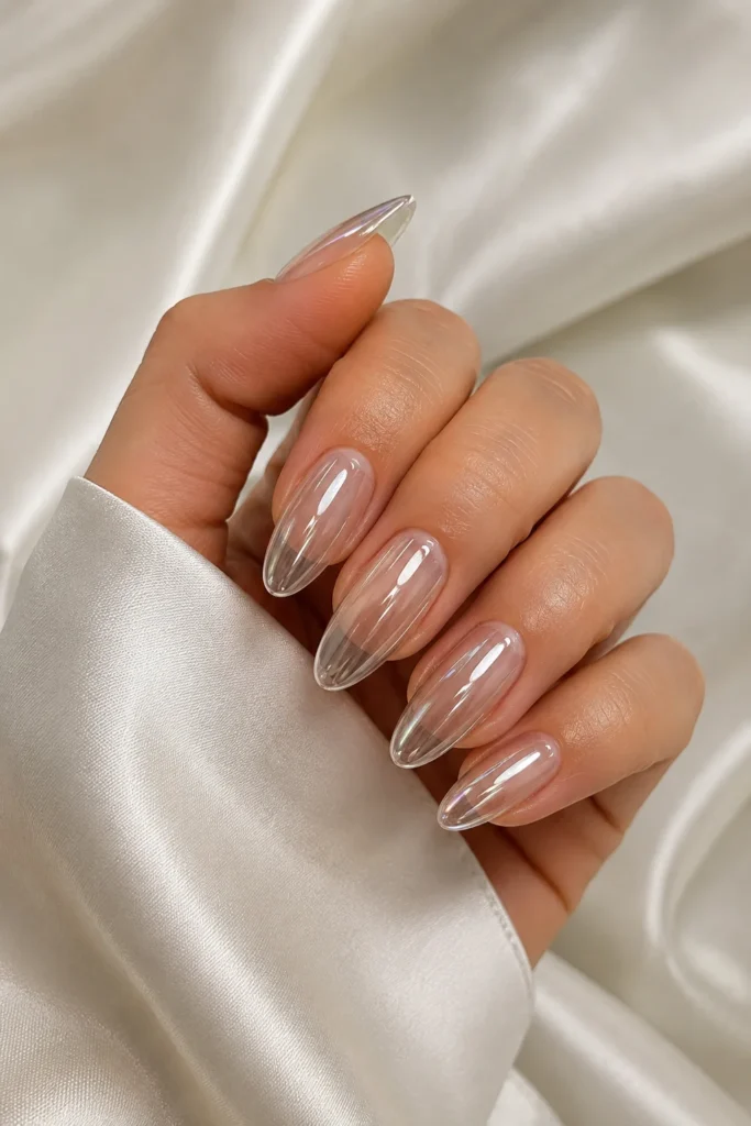 Clear chrome nails metallic mirror manicure design closeup