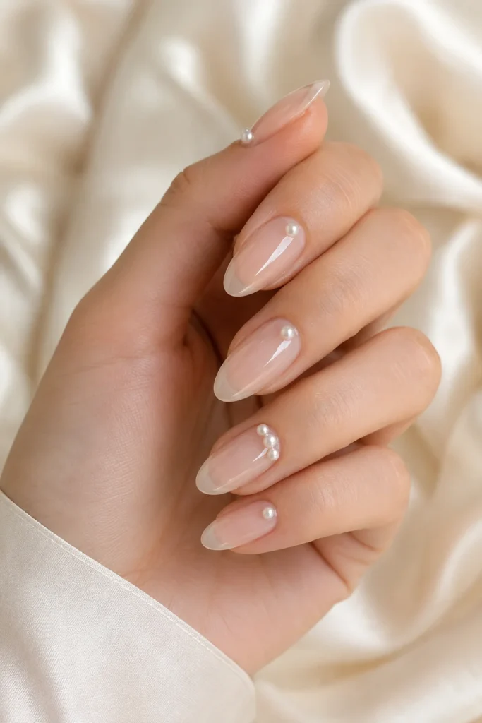 Clear nails with delicate pearl accent cuticle details
