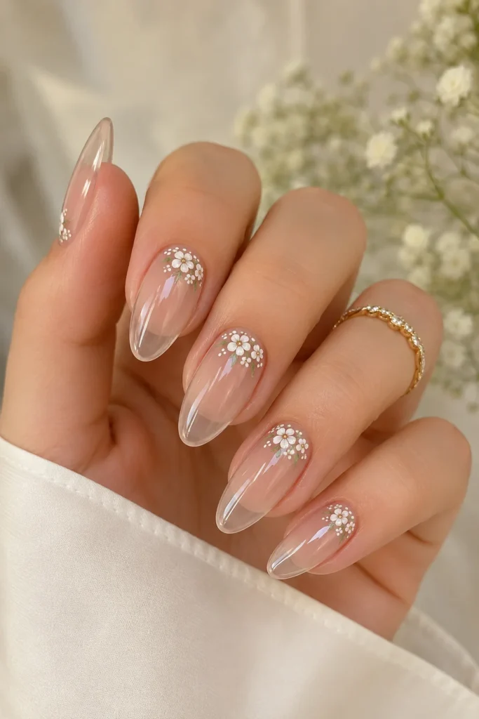 Clear nails with tiny hand painted white flowers