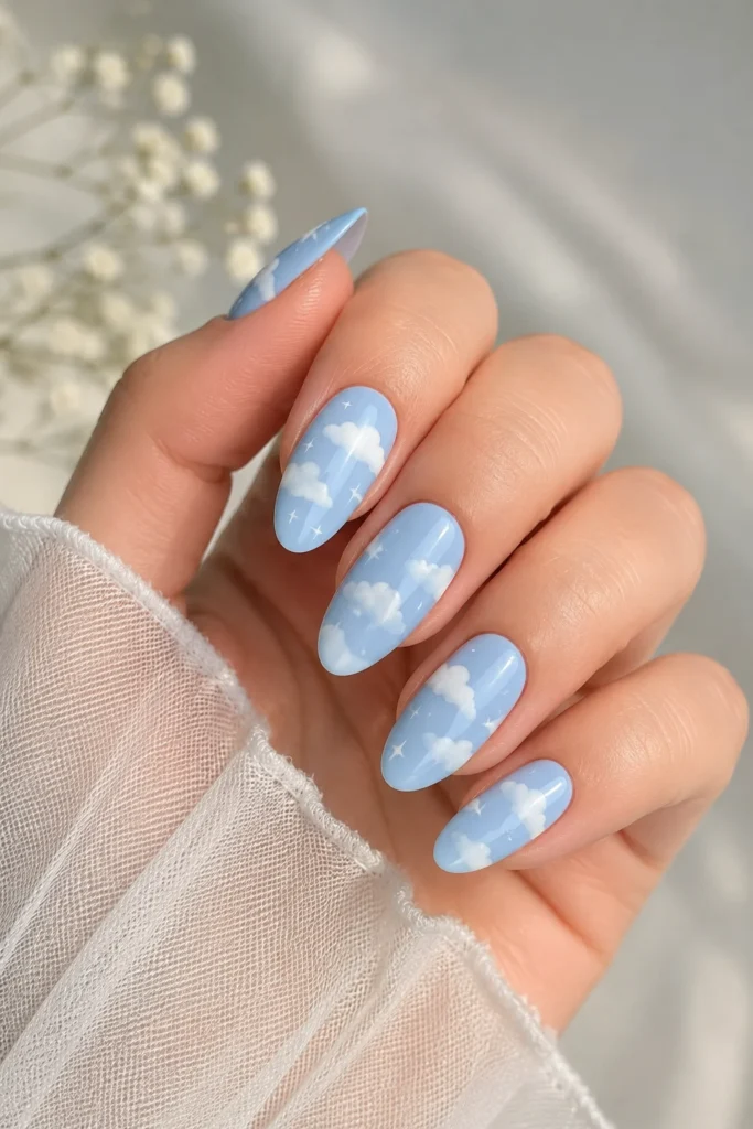 Cloud nail art baby blue dreamy shower manicure design