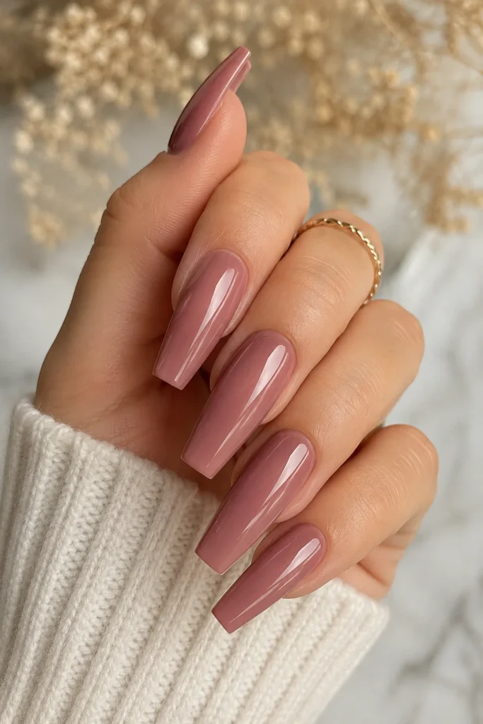 Long coffin shape dip powder nails glossy manicure