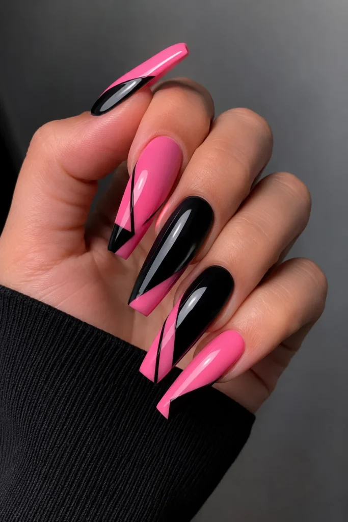 Coffin shaped pink and black color block nails