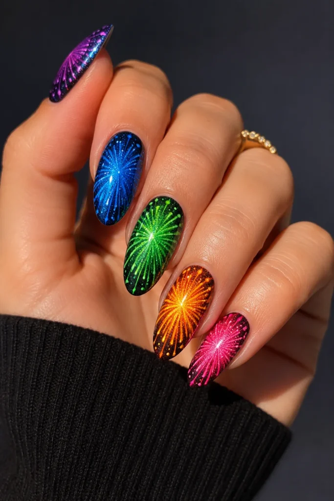 Nails each showing a different vibrant firework burst color
