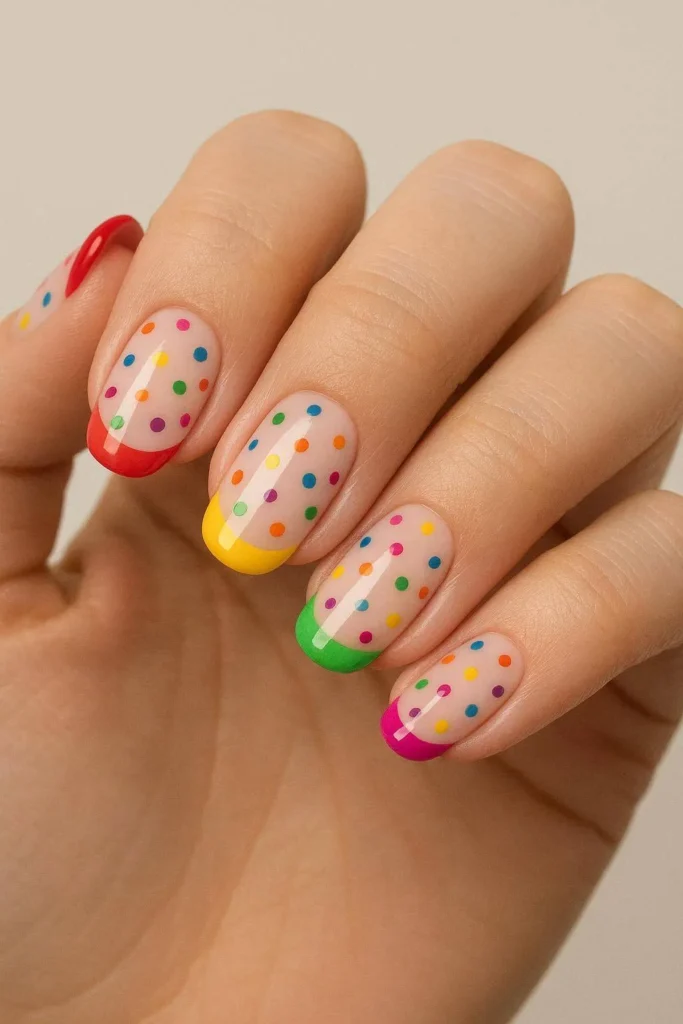 Colorful French tip nails with mixed polka dots