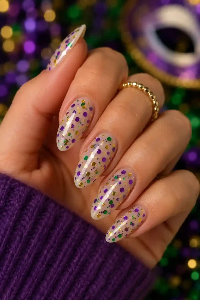 Colorful confetti dot nails for Mardi Gras party