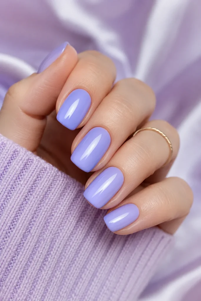 Solid cool-toned periwinkle nails with glossy finish