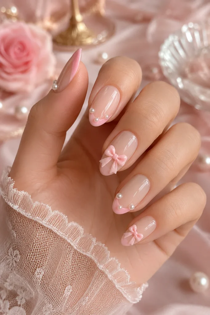 French manicure with bows, pearls, and pink details 