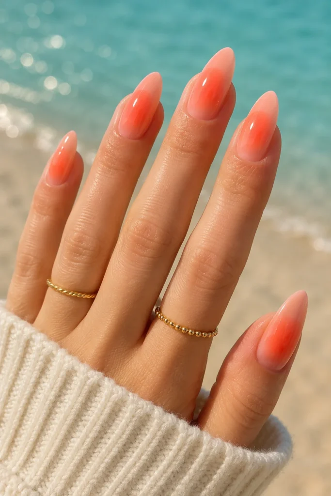 coral orange peach glow aura beach nails
