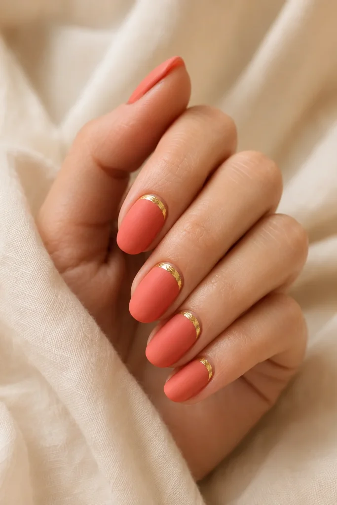 Soft coral nails with a thin gold foil line near the cuticle