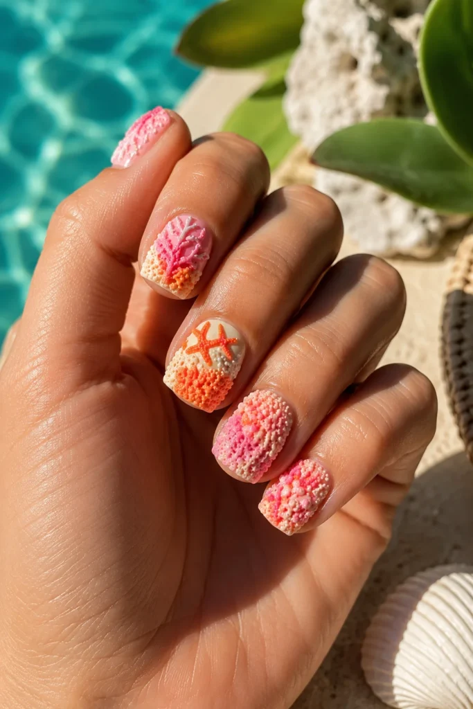 Coral reef textured nails with vibrant coastal details
