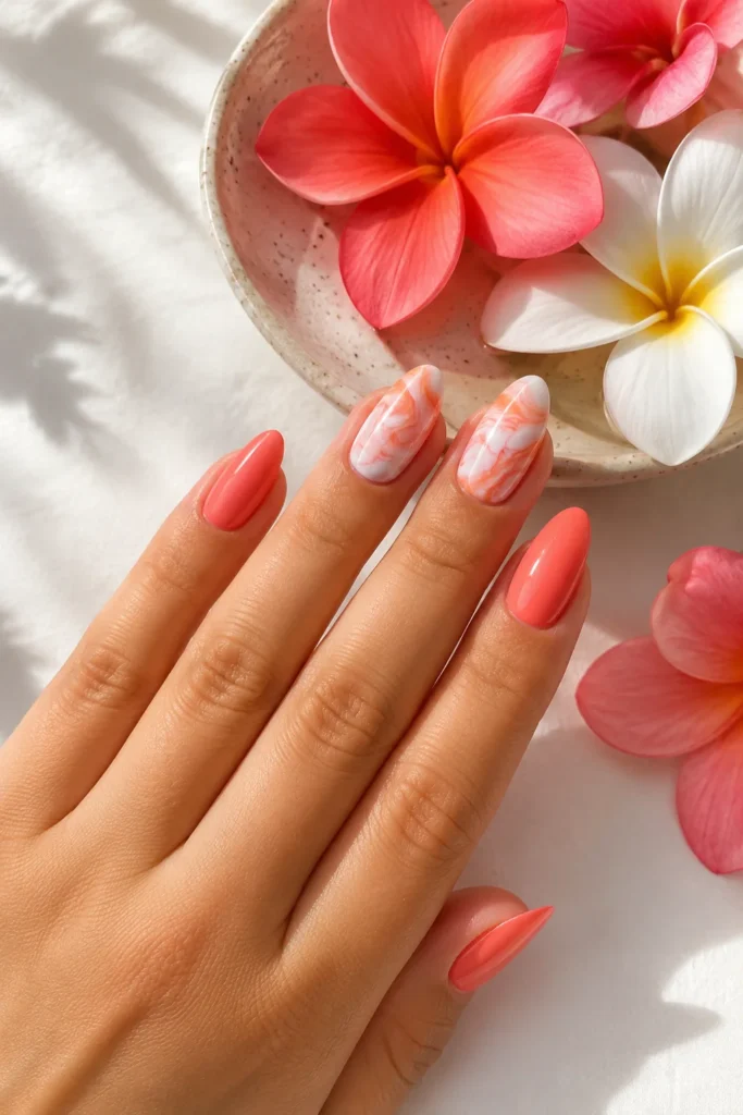 Coral and white tropical marble nails