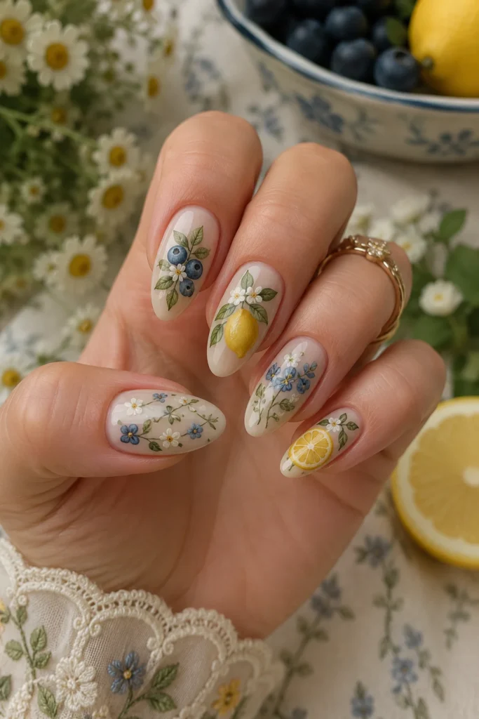 Cottagecore nails with florals lemons and blueberries
