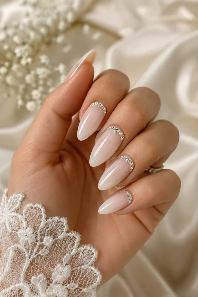 Subtle rhinestone crystal accent bridal wedding nails