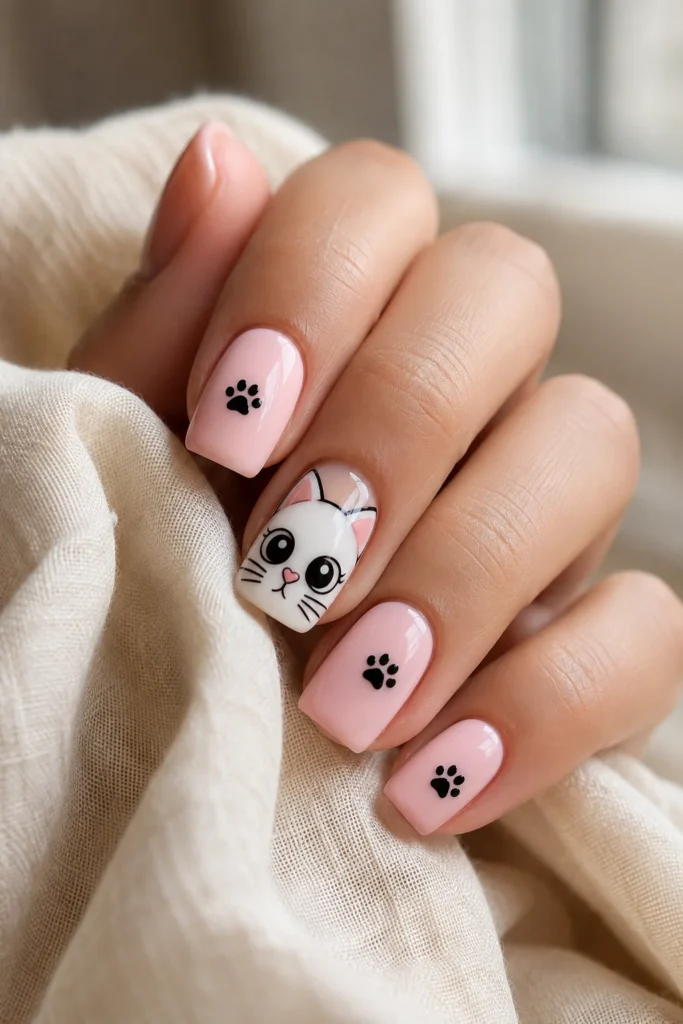 Cute cartoon cat face nails with pastel pink paw print accents