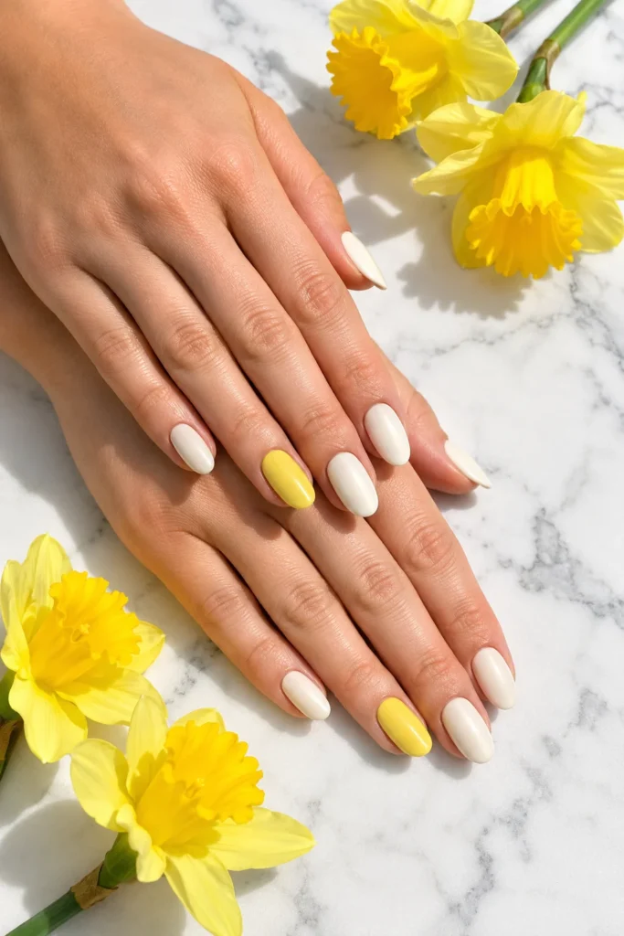 Ivory nails with bright daffodil yellow accent nails for March