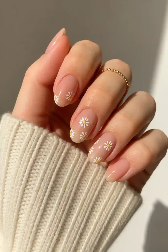 Tiny white daisy floral nail art on a soft nude base
