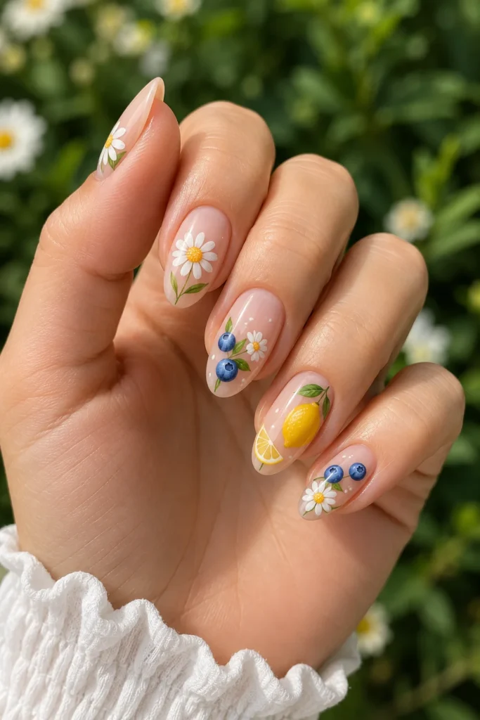 White daisy nails paired with lemon blueberry art