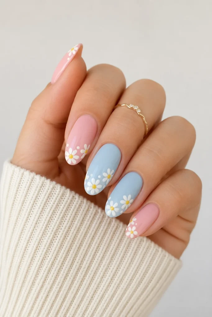Daisy nail art glossy pastel baby shower manicure design