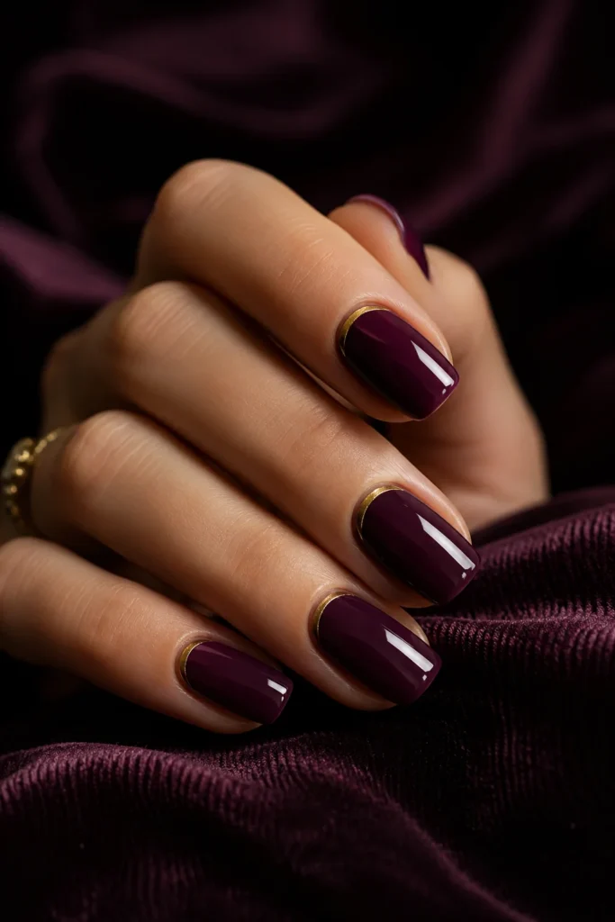 Deep plum squoval nails with thin gold cuticle lines