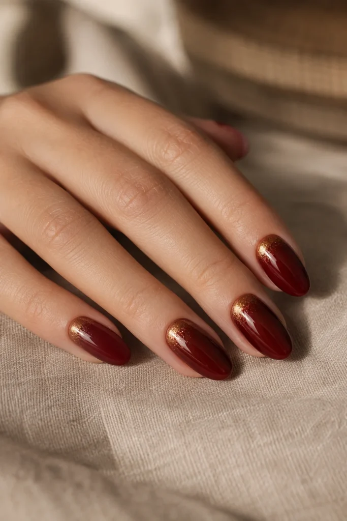 Deep red almond nails with gold cuticle shimmer.