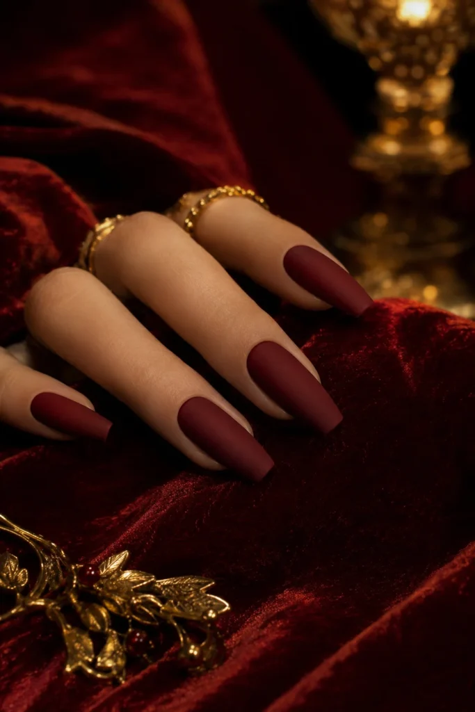 Matte deep red velvet ballerina nails
