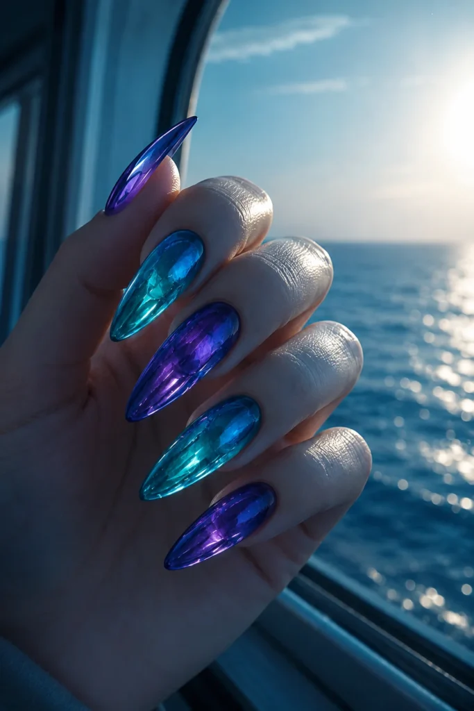Glossy deep sea jelly nails with transparent ocean colors