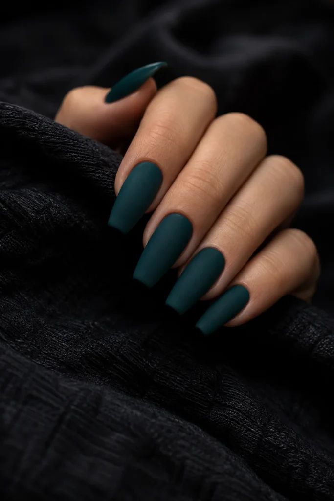 Deep teal velvet matte nails with luxurious soft finish
