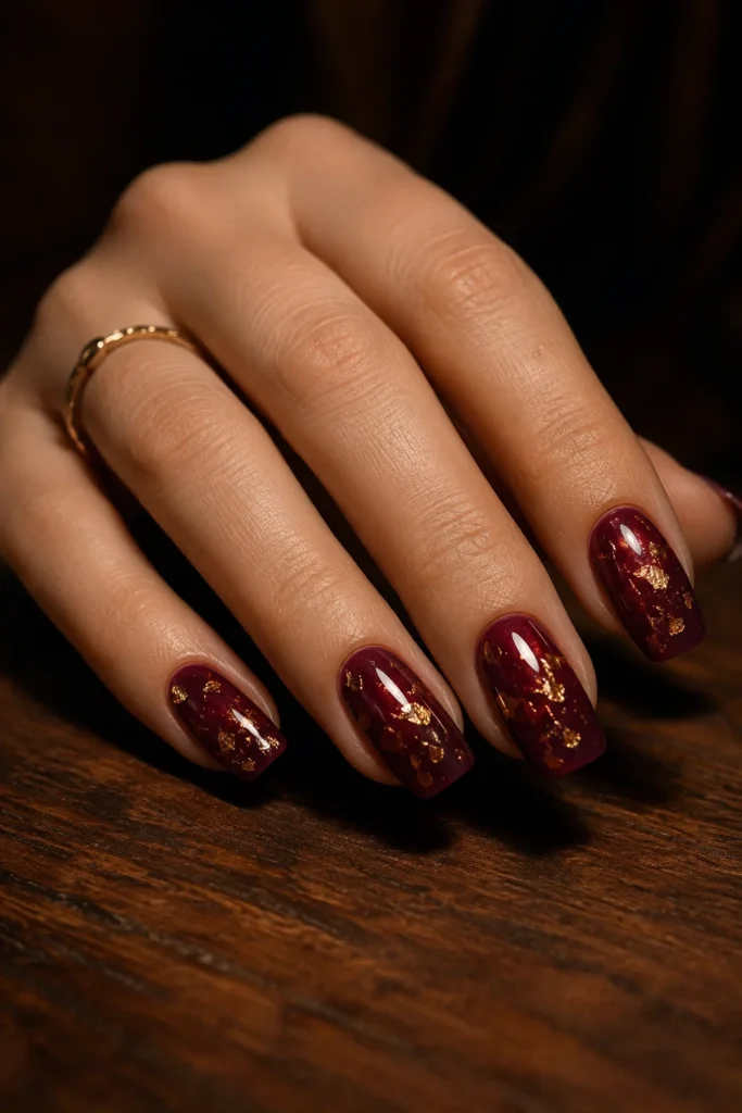 Deep wine red nails decorated with gold foil flecks.