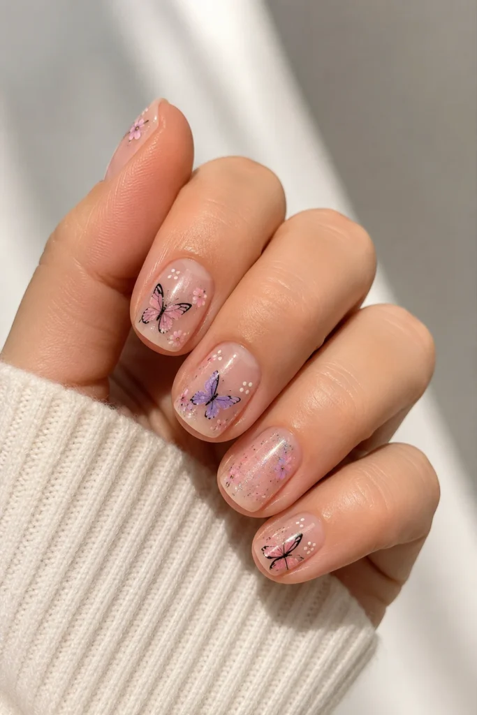 delicate butterfly short nail art