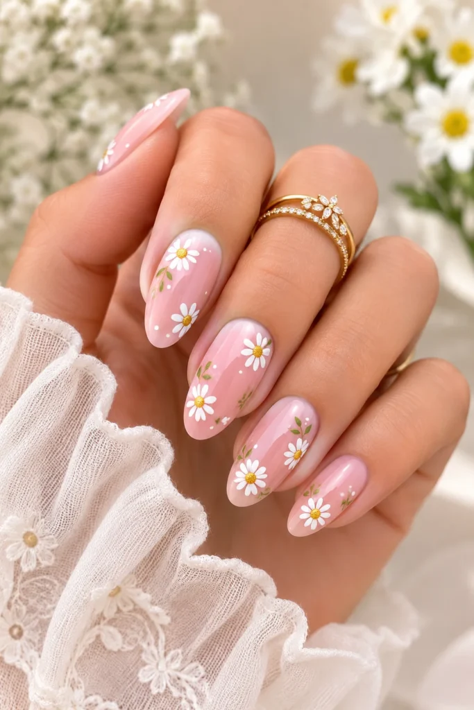 Tiny daisy flowers on pink bridal nails