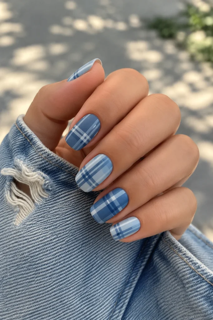 Denim blue plaid nails with casual crisscross design