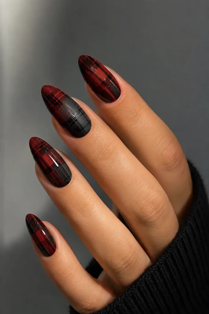 Diagonal plaid nail design on glossy almond nails