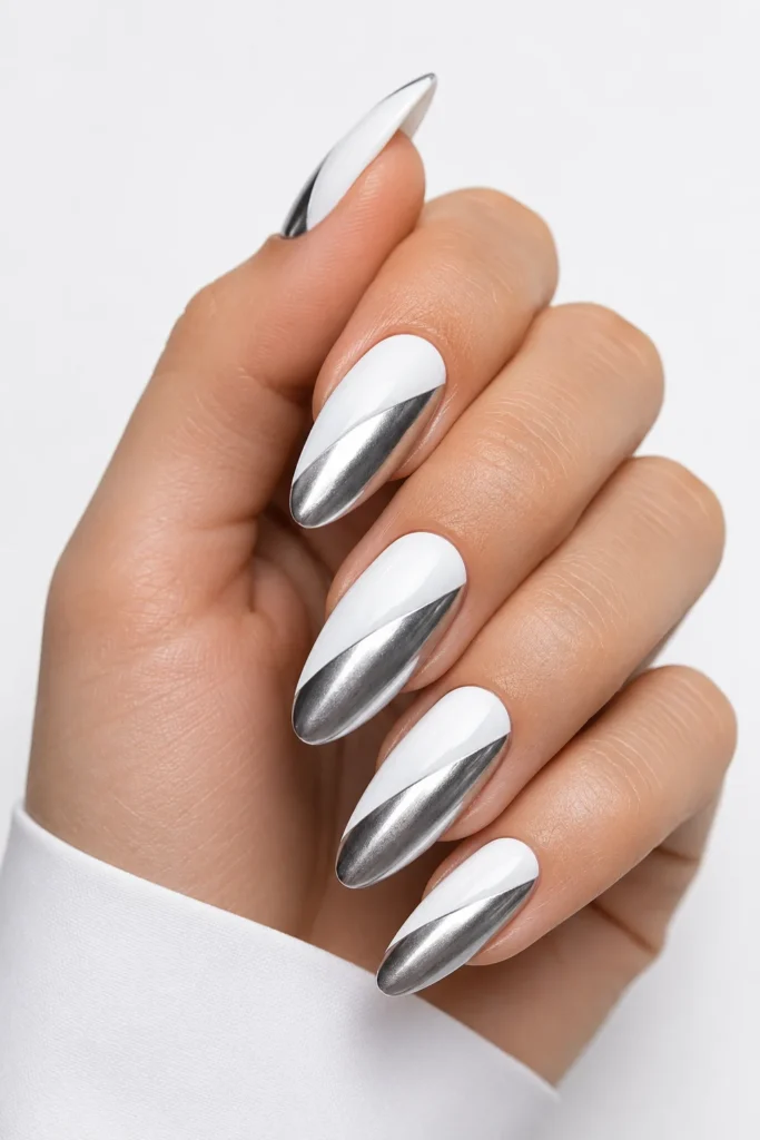 White and silver diagonal split almond nails