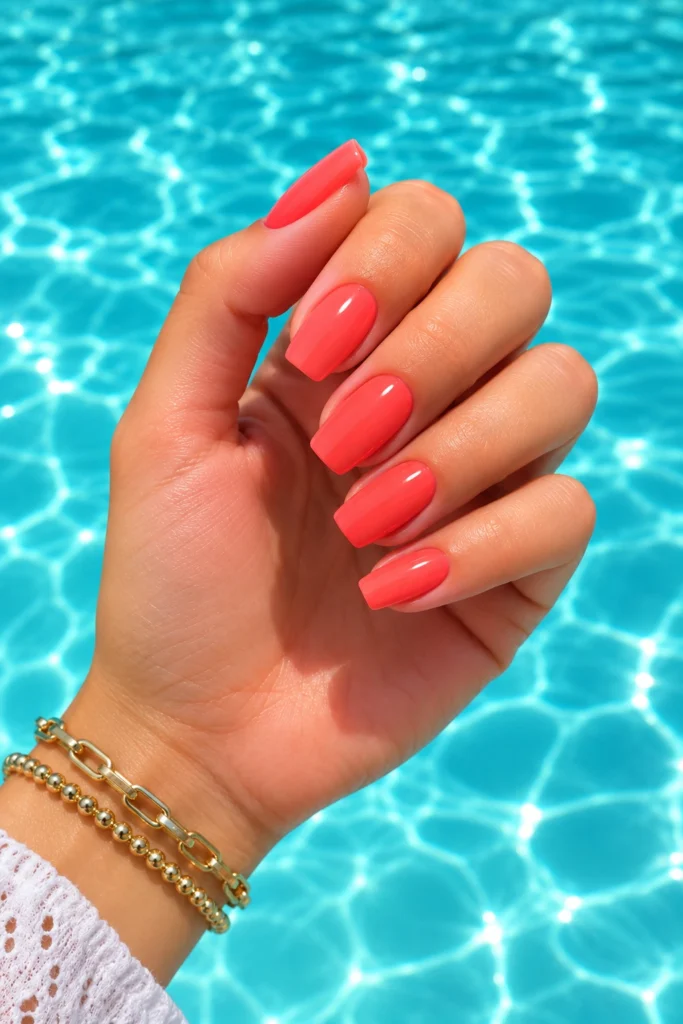 Bright coral dip powder nails for summer.