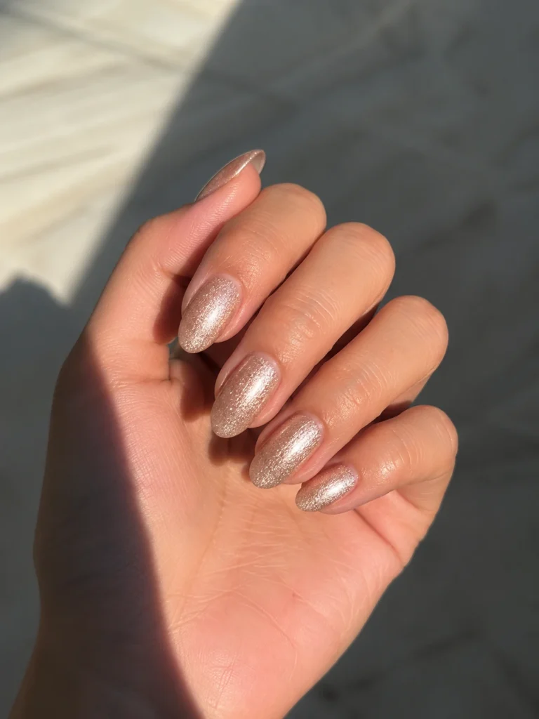 Champagne shimmer dip powder nails with sparkle.