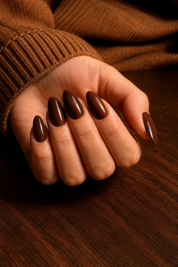 Glossy chocolate brown dip powder nail design.