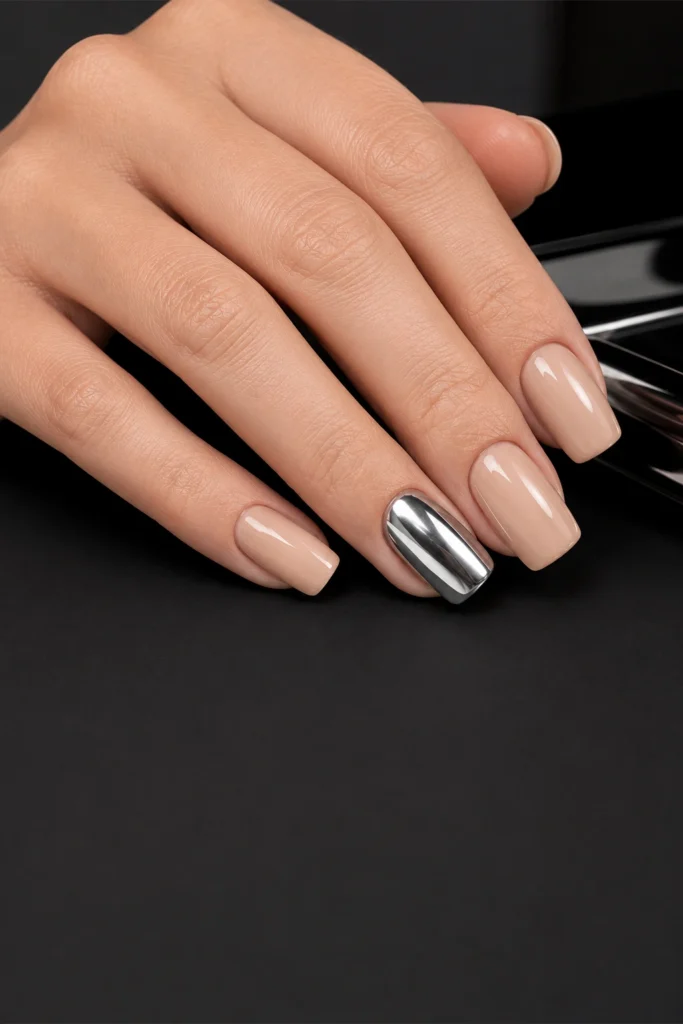 Metallic chrome accent nail with nude base.