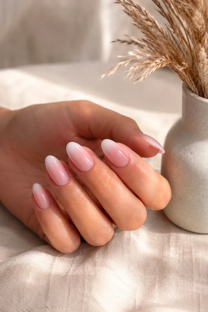 Pink dip powder nails with ombre fade.
