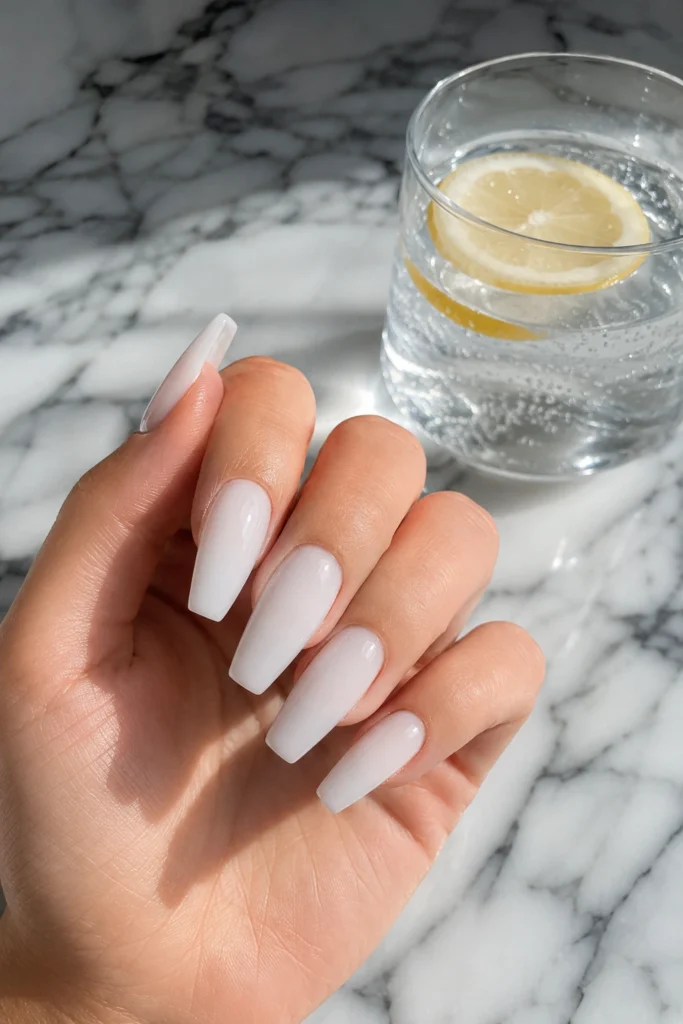 Milky white dip powder nails for clean look.