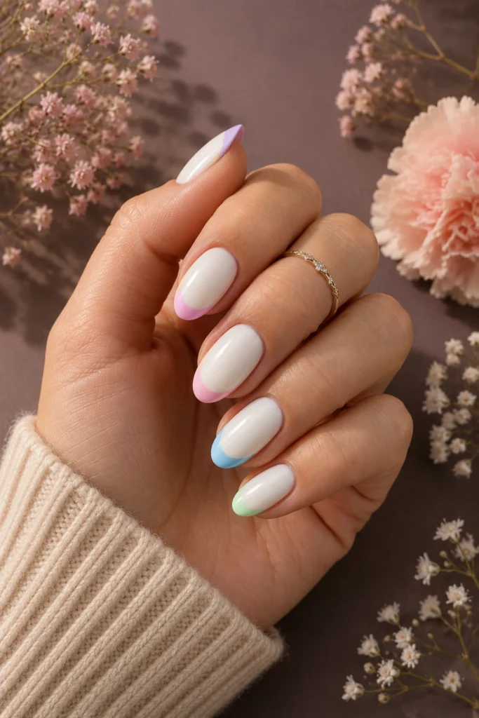 Pastel rainbow tip nails on white base.