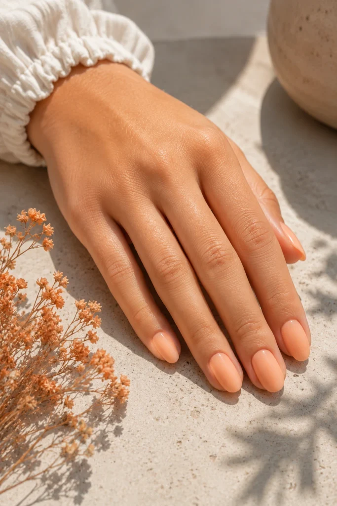 Peachy nude dip powder nails for warmth.